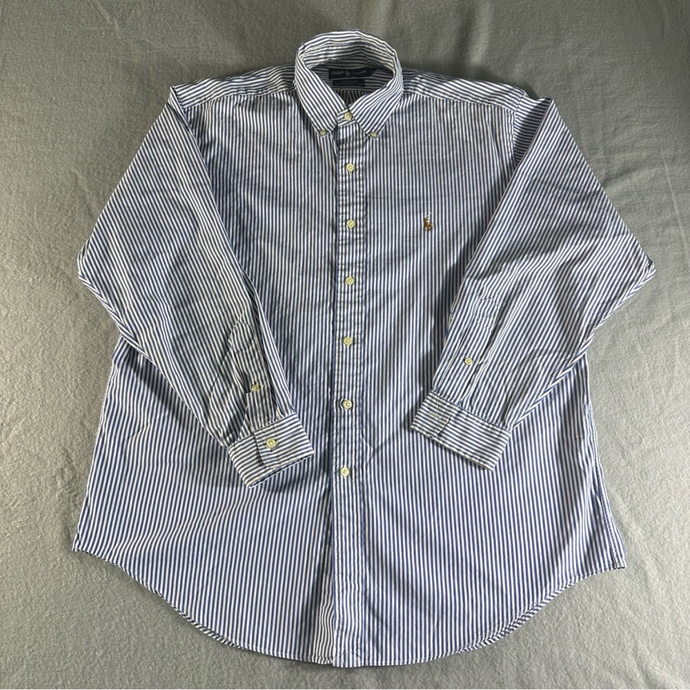 Ralph Lauren Yarmouth Blue White Stripe Button Down Men’s 16.5 - 34 100% Cotton